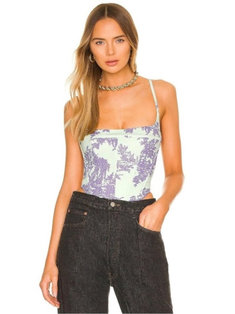 Miaou Top Venus Corset Lace Up in Mint Toile Green Purple
